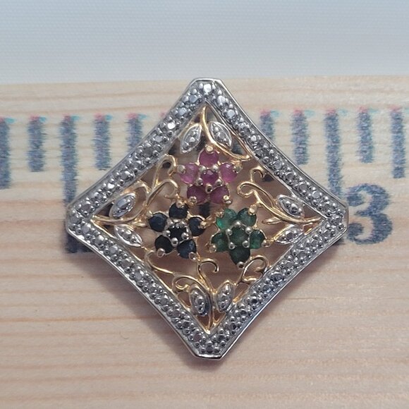 Sapphire Emerald Ruby Flower Pendant Gold Sterling - Picture 3 of 7